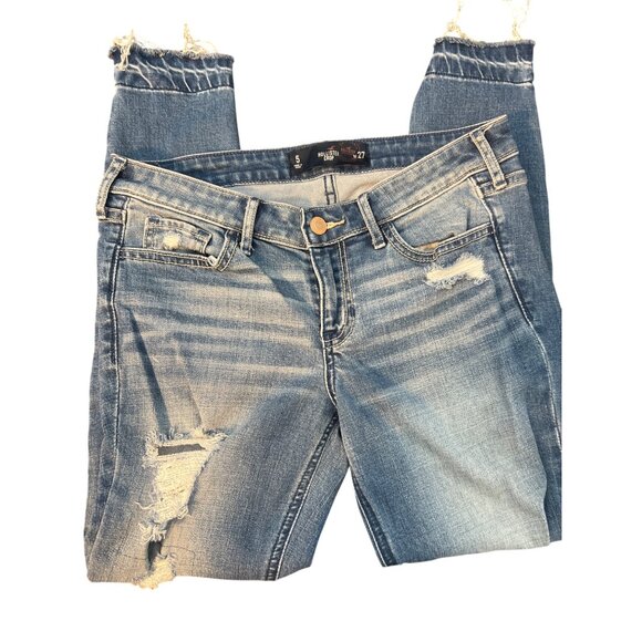 Hollister Distressed Crop Skinny Jeans Lace Fabric at Holes Leather Patch Sz 5 - Picture 3 of 7